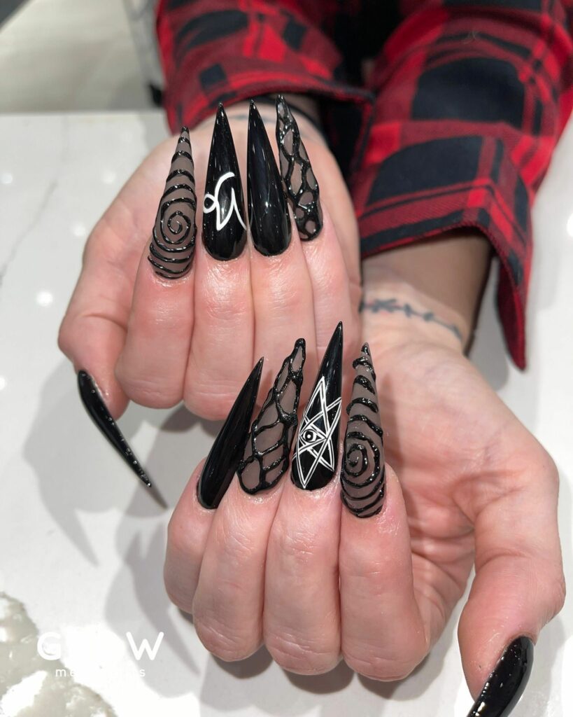 25 Latest Gothic Nail Ideas To Try In 2024! 29 Gothic Nails With 3D Spiral And Pentagram Design