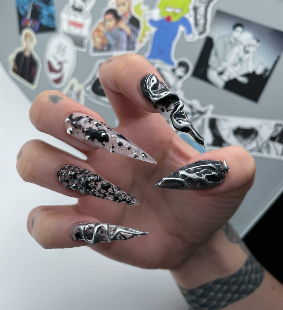 25 Latest Gothic Nail Ideas To Try In 2024! 20 Crystal Stiletto Gothic Nails With 3D Silver Design