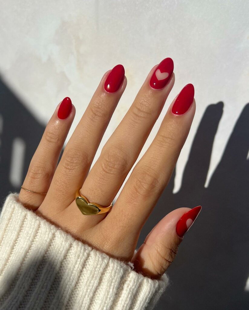 20 Latest Negative Space Nail Ideas To Try In 2024! 16 Negative Space Red Nails With Heart Design