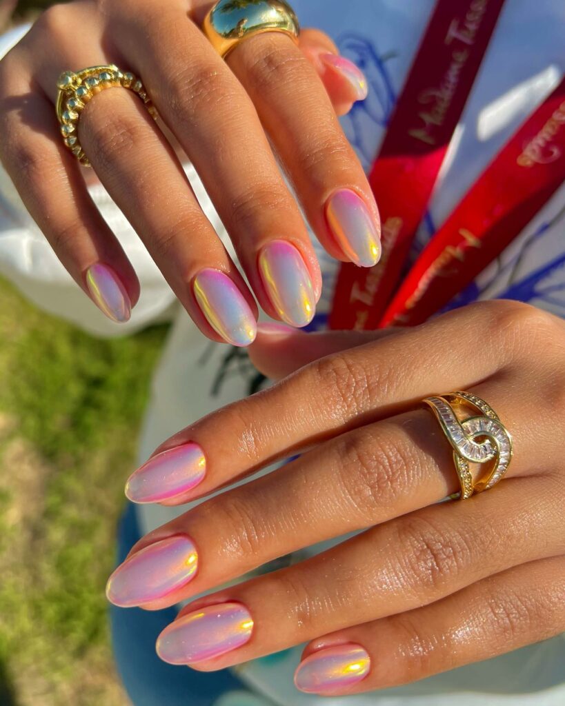 Shine with 30 Light Pink Chrome Nail Designs of 2024 32 Holographic Light Pink Chrome Nails