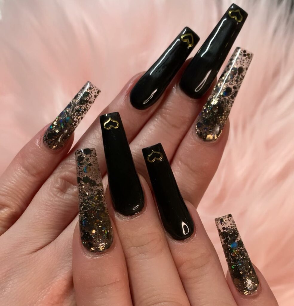 40 Latest Black Coffin Nail Designs To Try In 2024! 46 Shimmery Black Coffin Nails with Crystals
