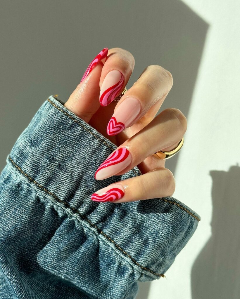 30 Latest Heart Nails Ideas To Try In 2024! 21 Spiral Heart Design On Wavy Nails