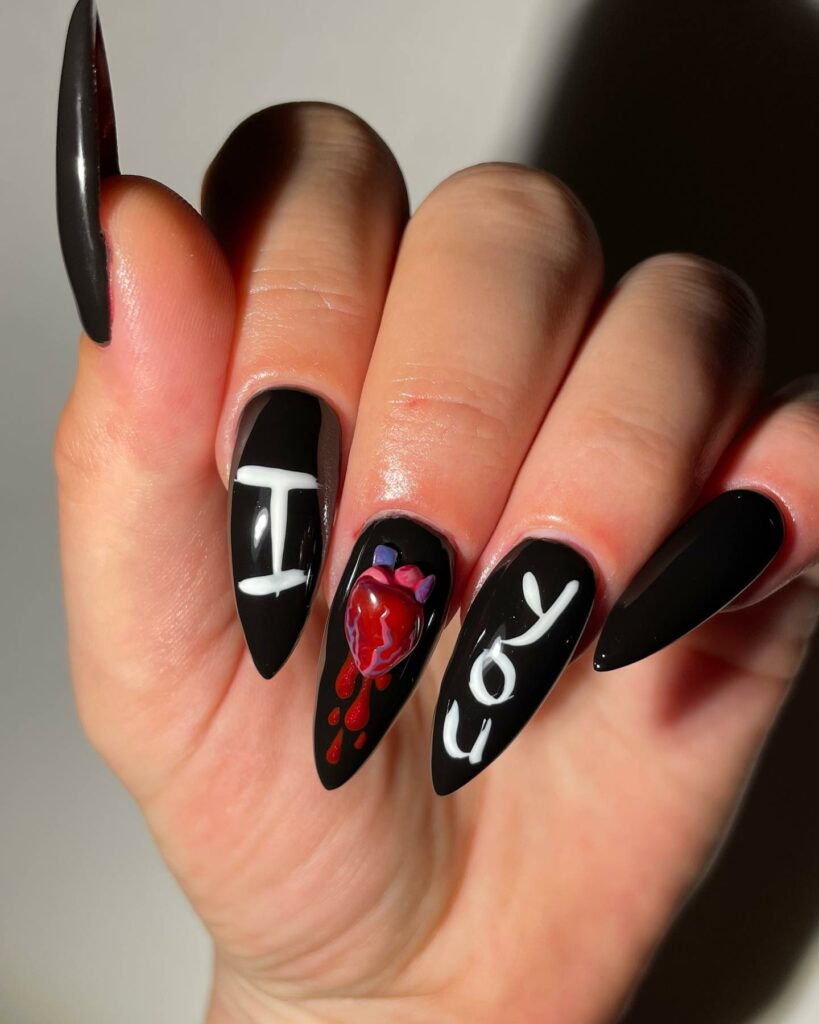 Express Yourself with 30 Emo Nail Designs in 2024 14 Stiletto Emo Nails With 3D Heart Design