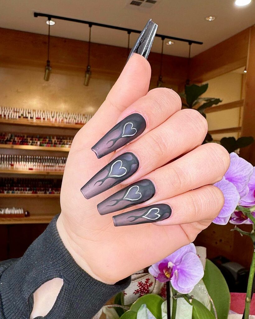 20 Latest February Nail Designs To Try In 2024! 21 Black February Coffin Nails With Heart Design