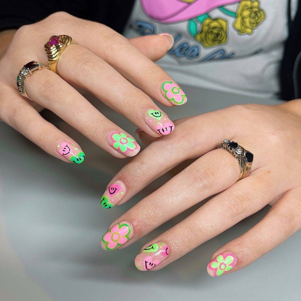 20 Latest Pink And Green Nail Ideas To Try In 2024! 25 Pink And Green Nails With Emoji And Flower Design
