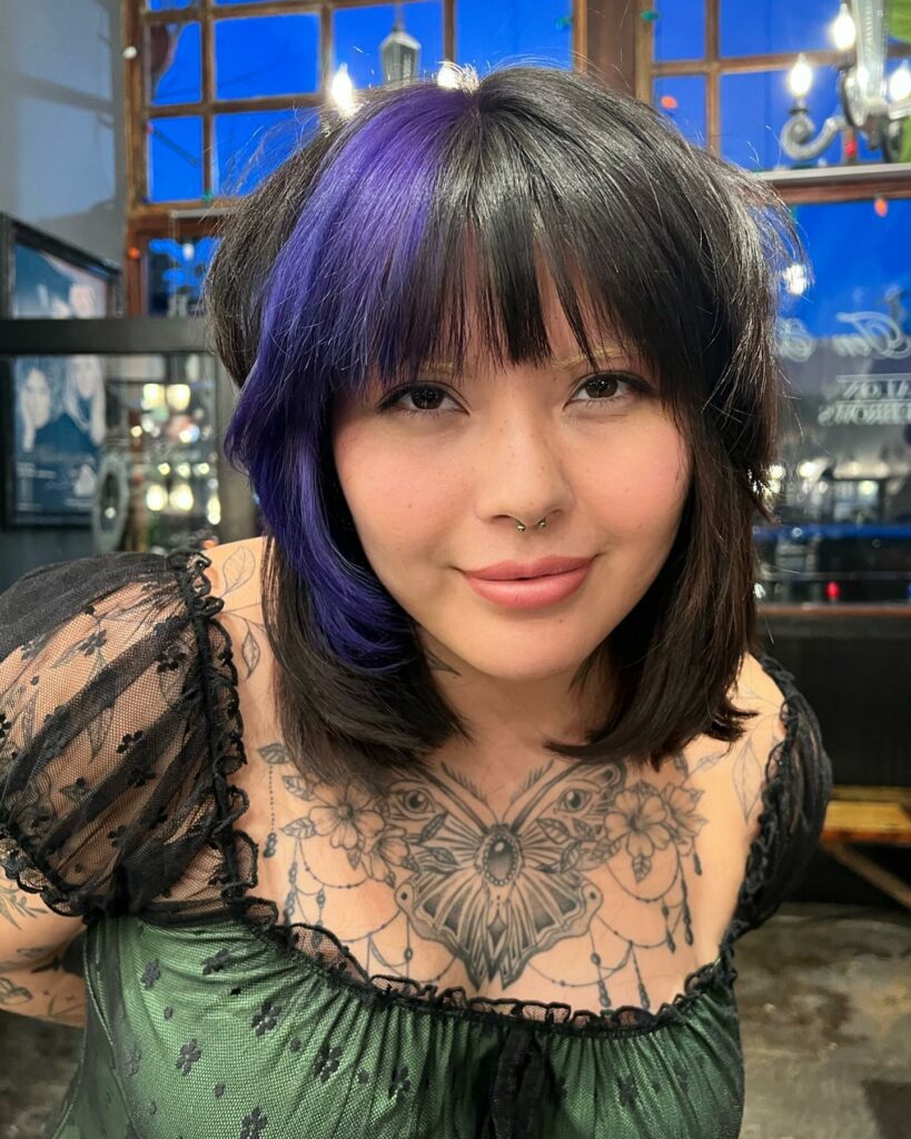 24 Stylish E-Girl Hair Ideas to Experiment with in 2024 17 Neon Purple Curtain Bangs