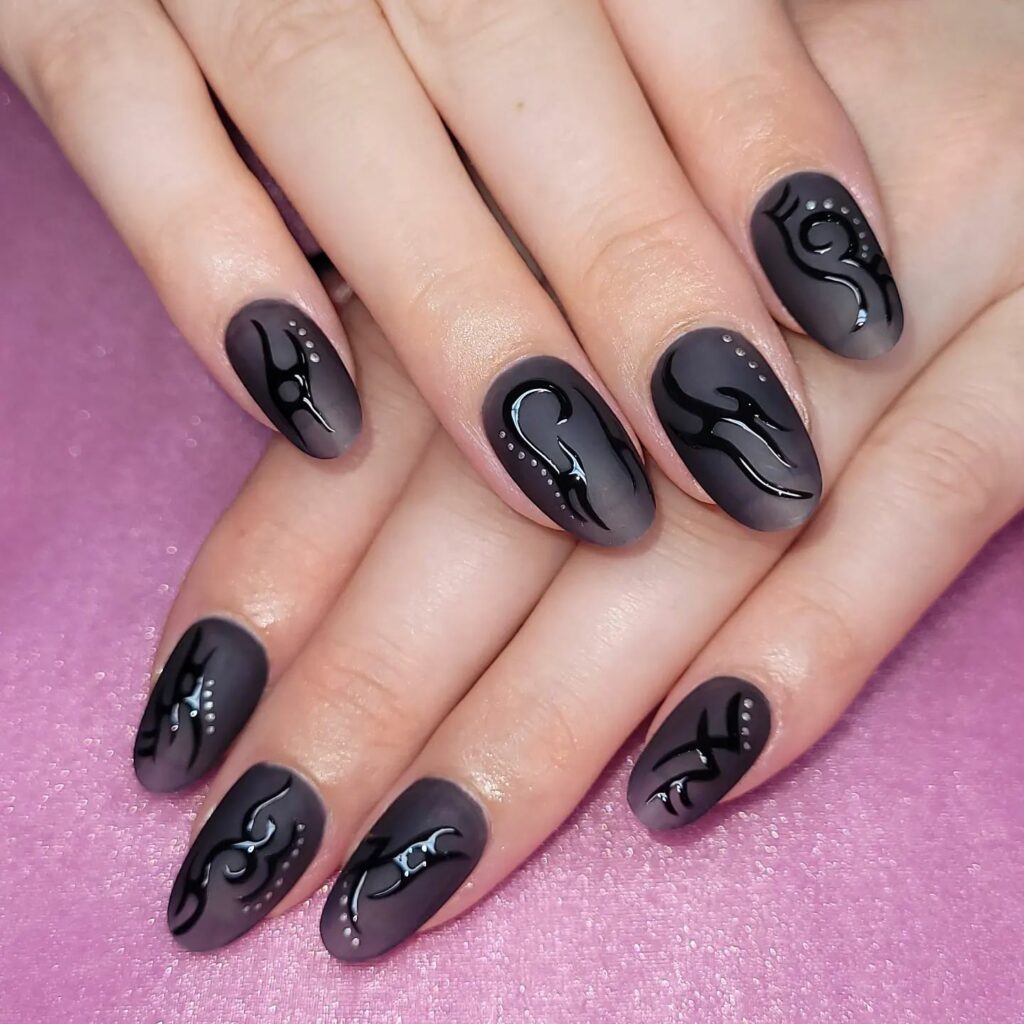 Express Yourself with 30 Emo Nail Designs in 2024 16 Matte Black Emo Nails With Black Glossy Tribal Design