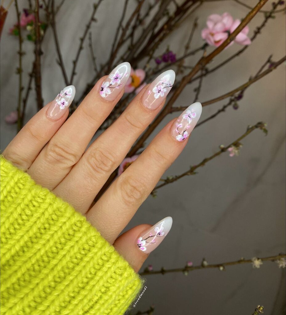 20 Latest February Nail Designs To Try In 2024! 23 February Almond Nails With Cherry Blossoms Design