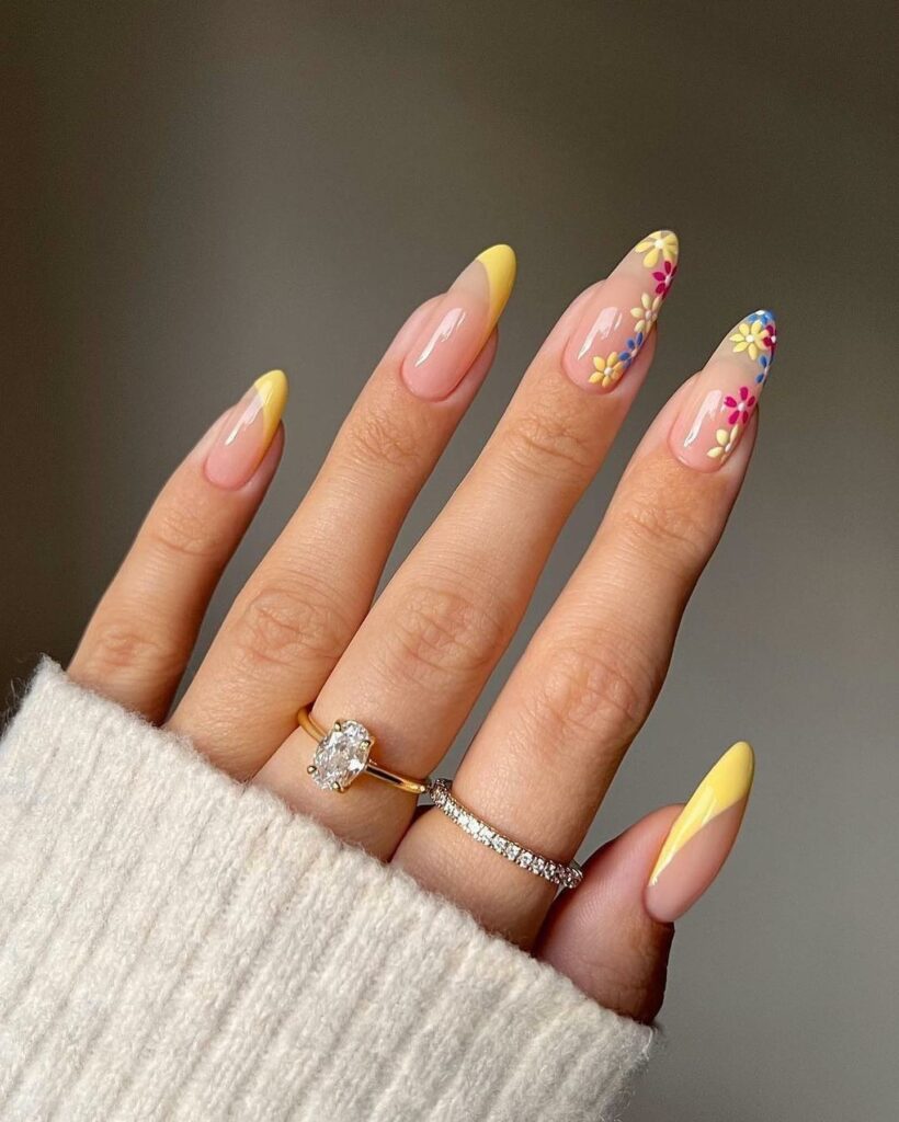 20 Latest Pink And Yellow Nail Ideas To Try In 2024! 25 Pink And Yellow Daisies On Almond Nails