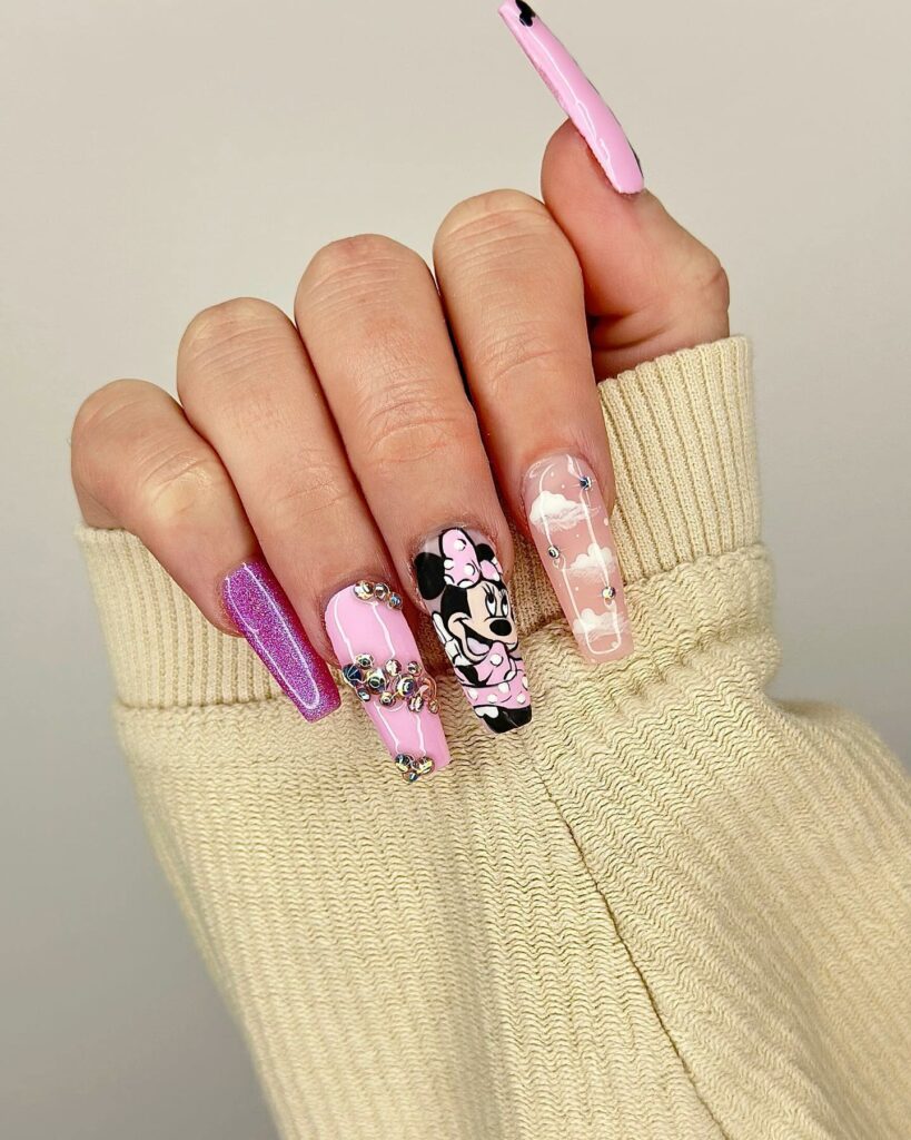 Embrace Childhood with 30 Minnie Mouse Nail Designs in 2024 11 Minnie Mouse Pink Nails With Glitter And Rhinestones