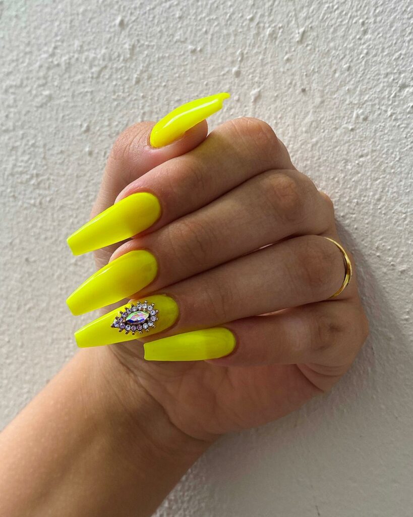 20 Latest Sunshine Nail Ideas To Try In 2024! 25 Sunshine Coffin Nails With Rhinestones
