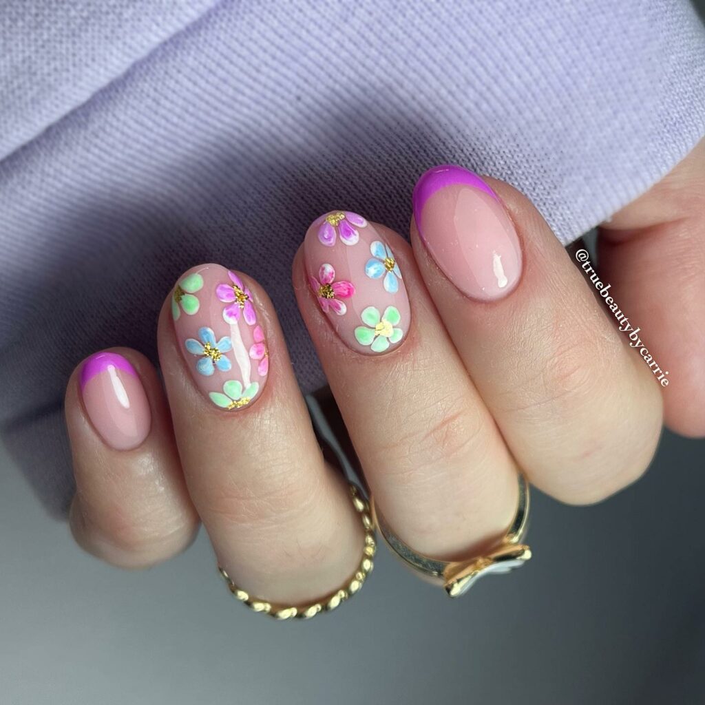 20 Latest February Nail Designs To Try In 2024! 28 February French Nails With Colorful Daisies