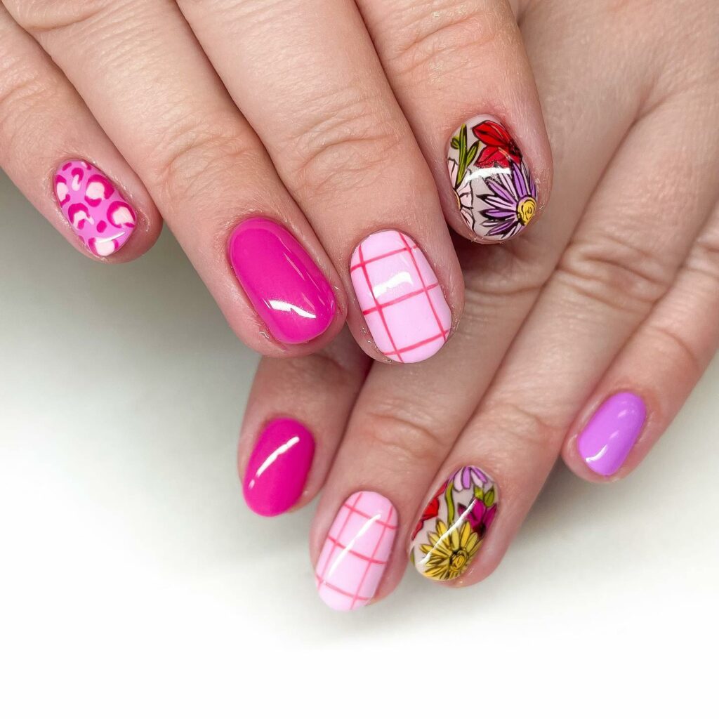 10 Latest Short Valentine's Nail Designs To Try In 2024! 19 Pink Short Valentine Nails With Plaids And Flower Design