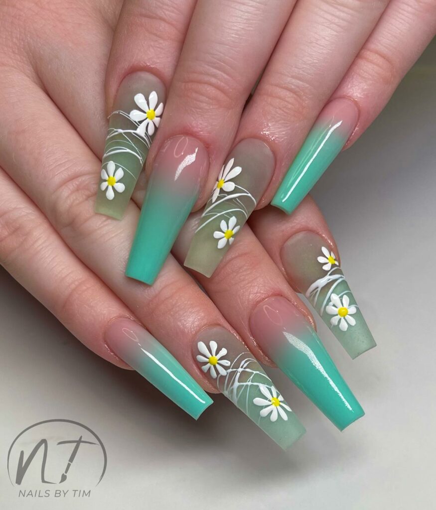 20 Latest Tiffany Blue Nail Ideas To Try In 2024! 27 Tiffany Blue Coffin Ombre Nails With Daisies Design