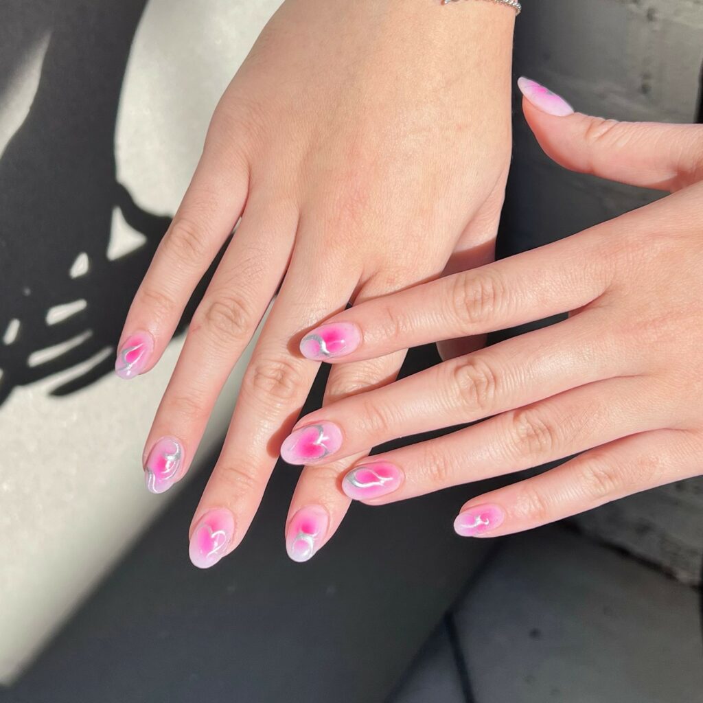 22 Latest Short Pink Nail Ideas To Try In 2024! 16 Blush Short Pink Nails with Swirly Silver