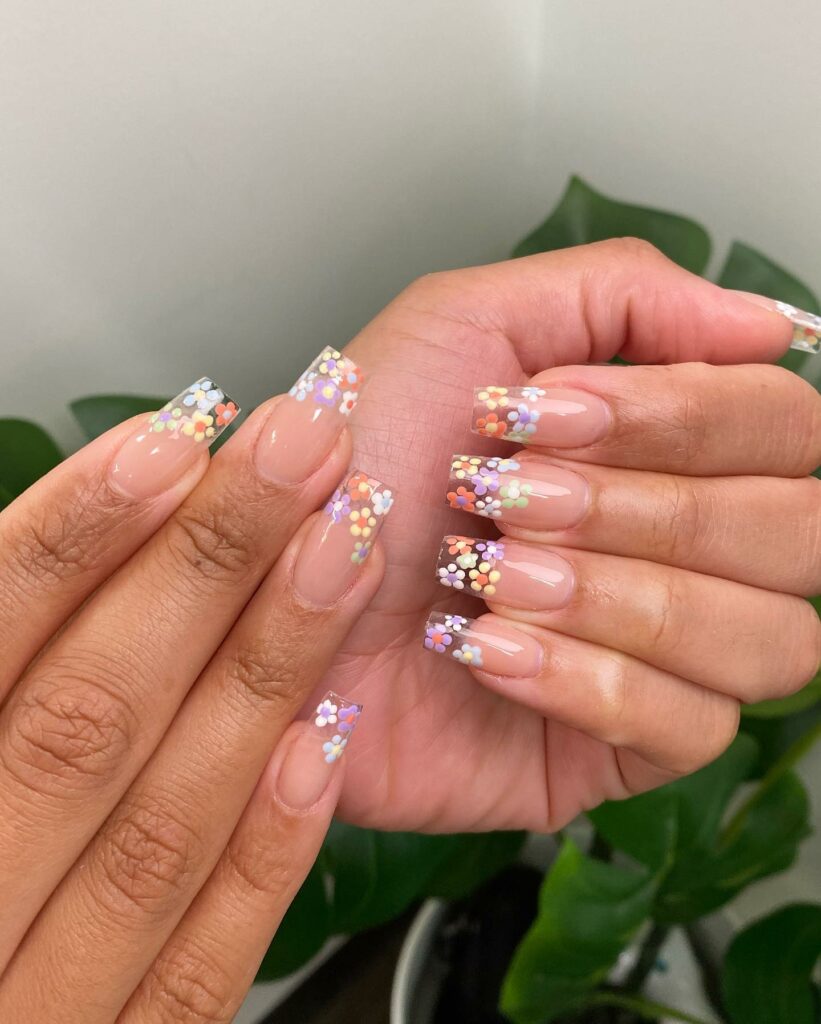 35 Latest Medium Square Nail Ideas To Try In 2024! 44 Clear Medium Square Nails With Colorful Daisies Design