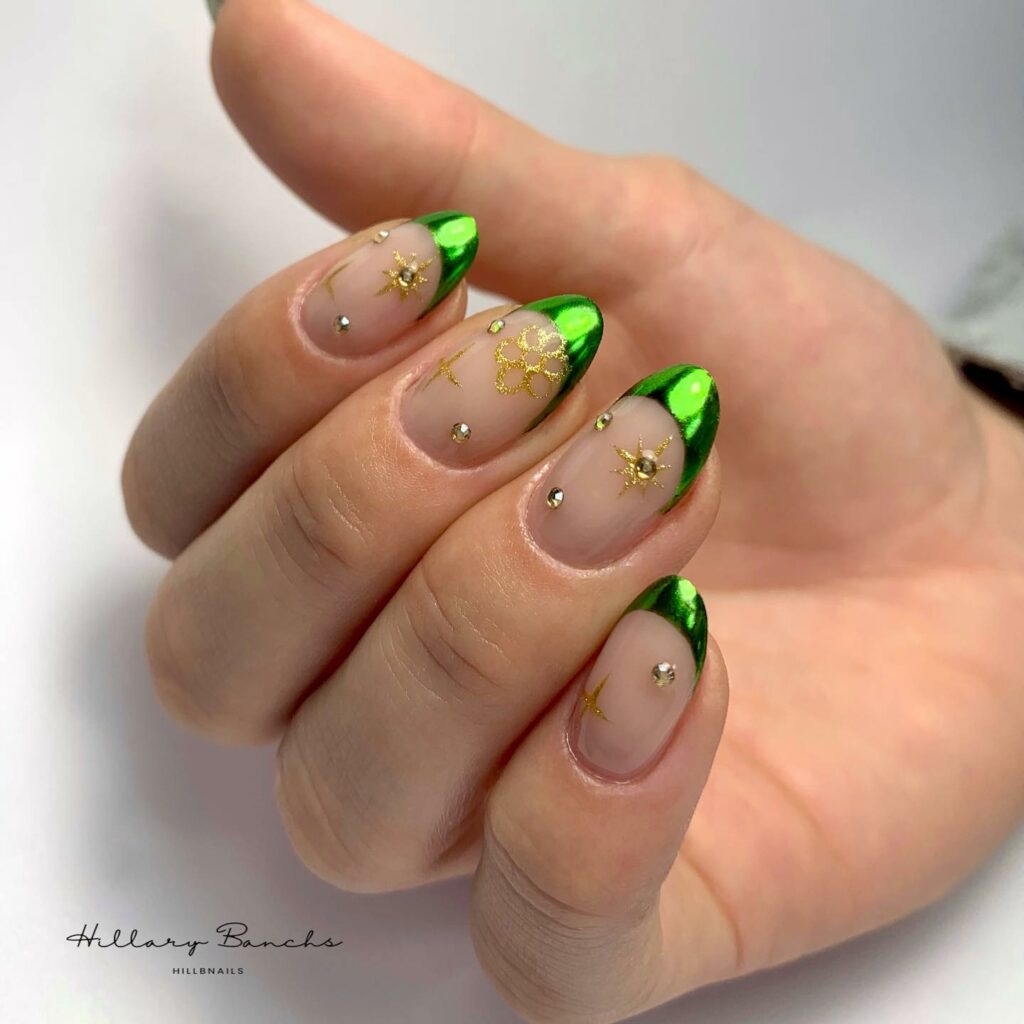 30 Latest Green Chrome Nail Ideas To Try in 2024! 13 Green Chrome French Nails With Rhinestones