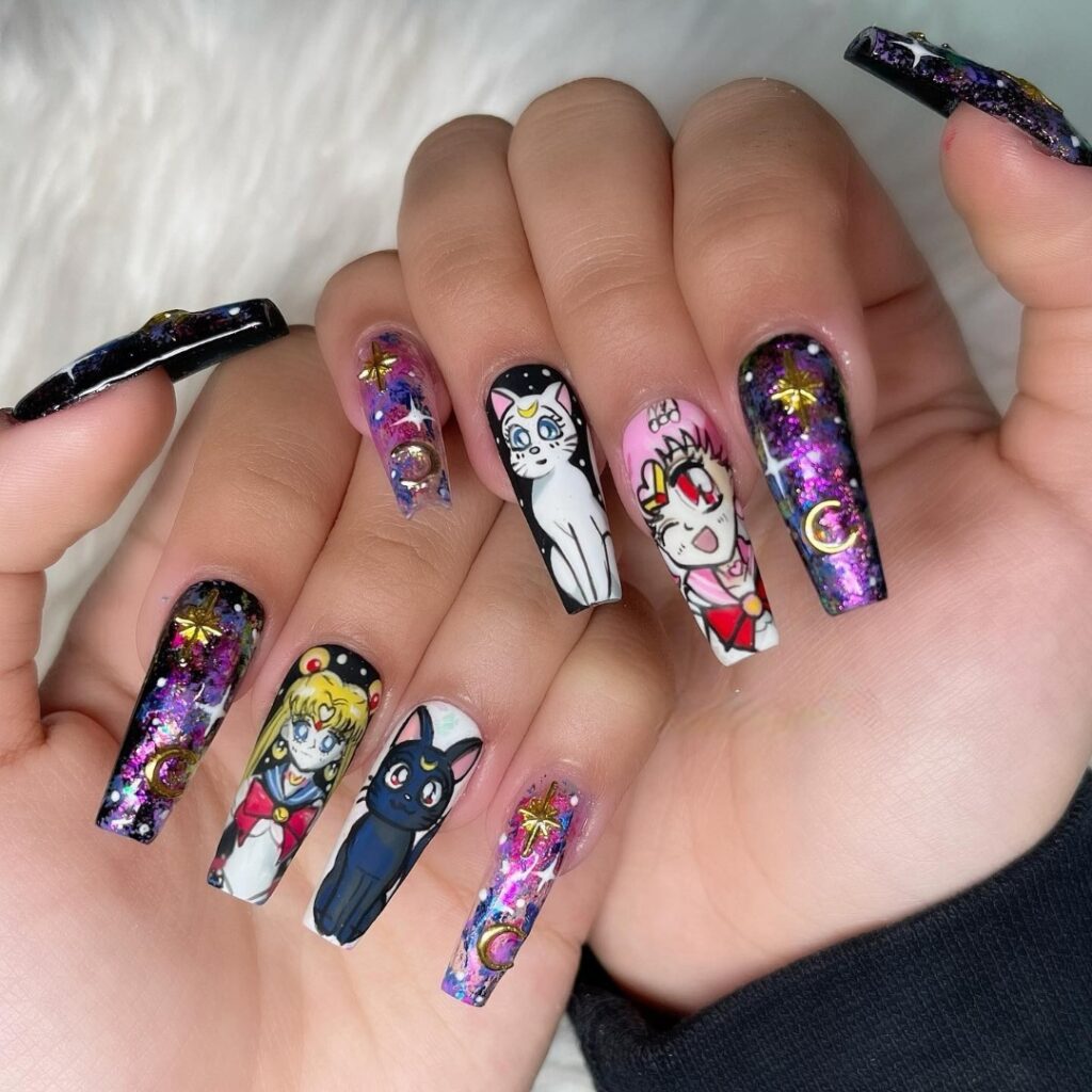 Embrace 40 Anime Nail Designs in 2024 18 Sailor Moon's Kitty Adventure