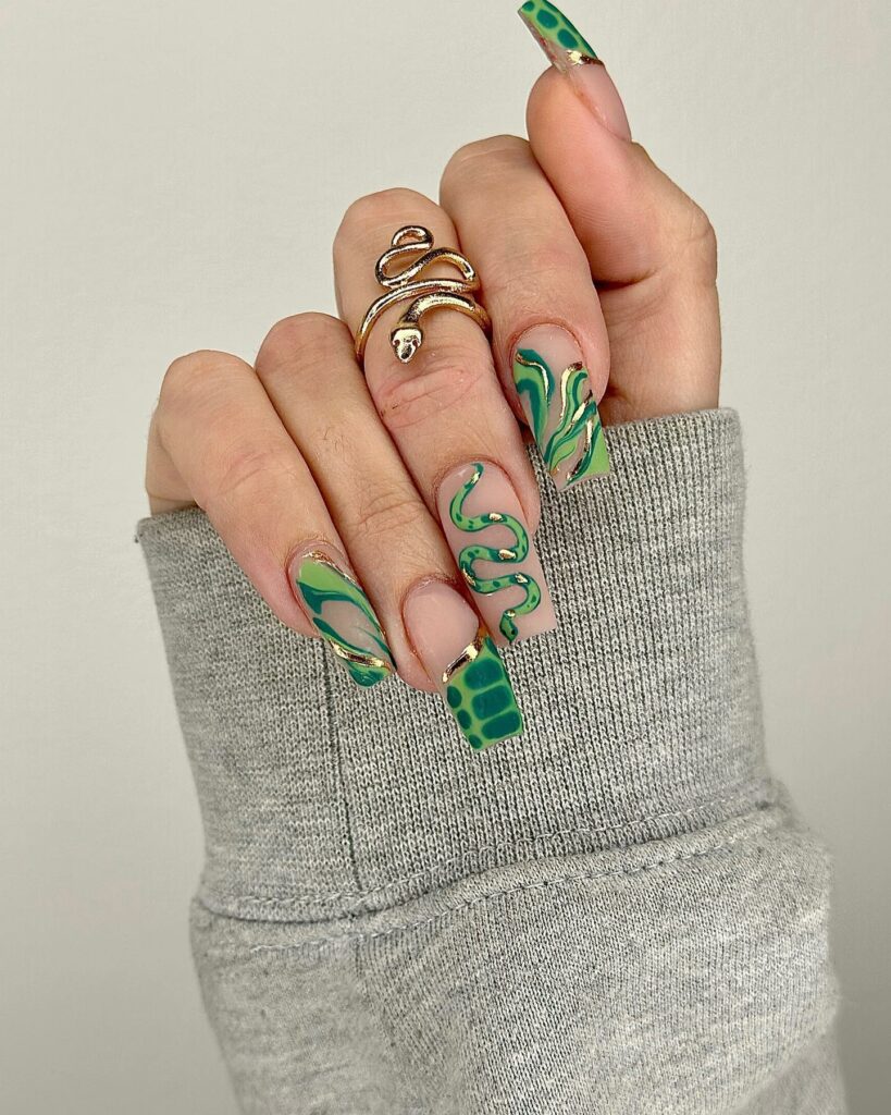 30 Latest Snake Nail Designs To Try In 2024! 10 Green Snake Design Nails With Gold Foils