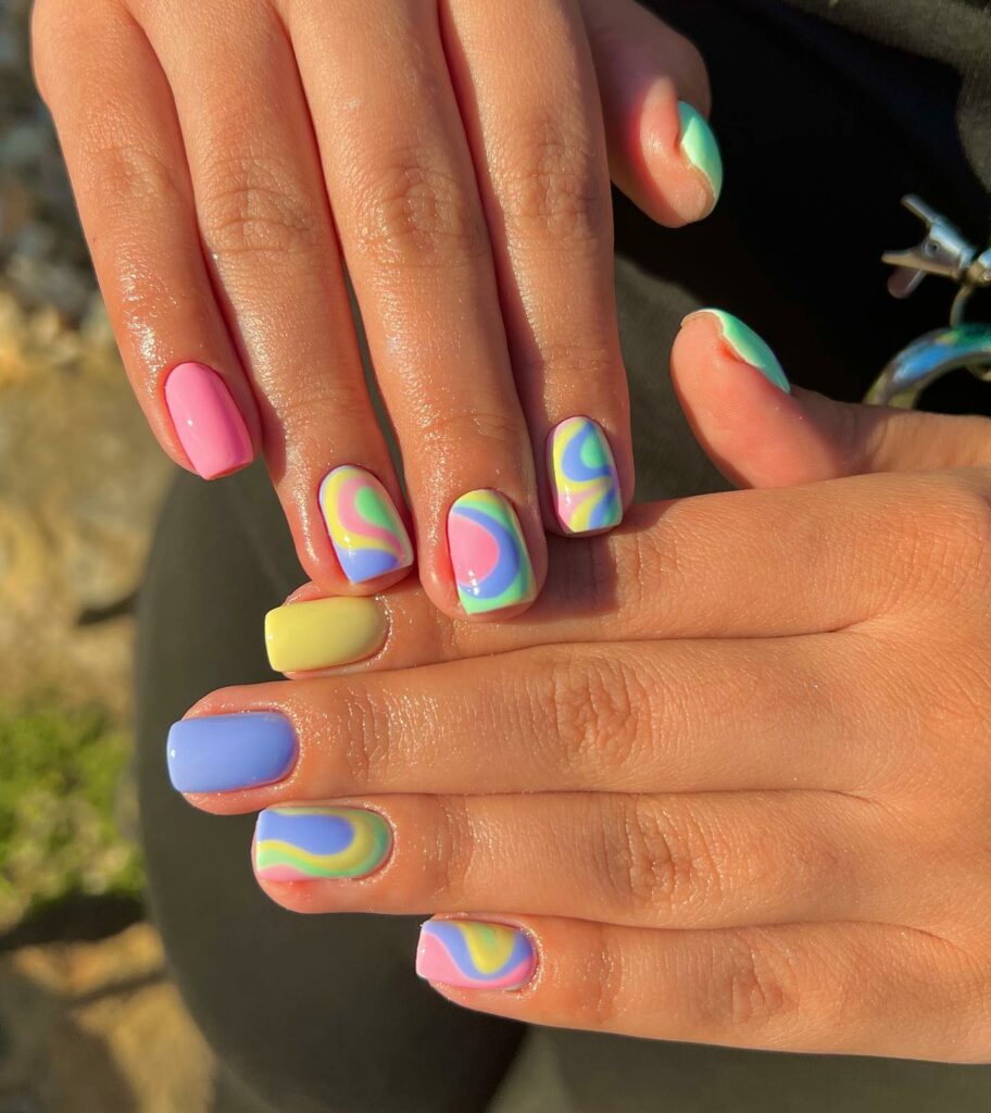 20 Latest Short Spring Nail Designs To Try In 2024! 11 Pastel Short Spring Swirls Nails