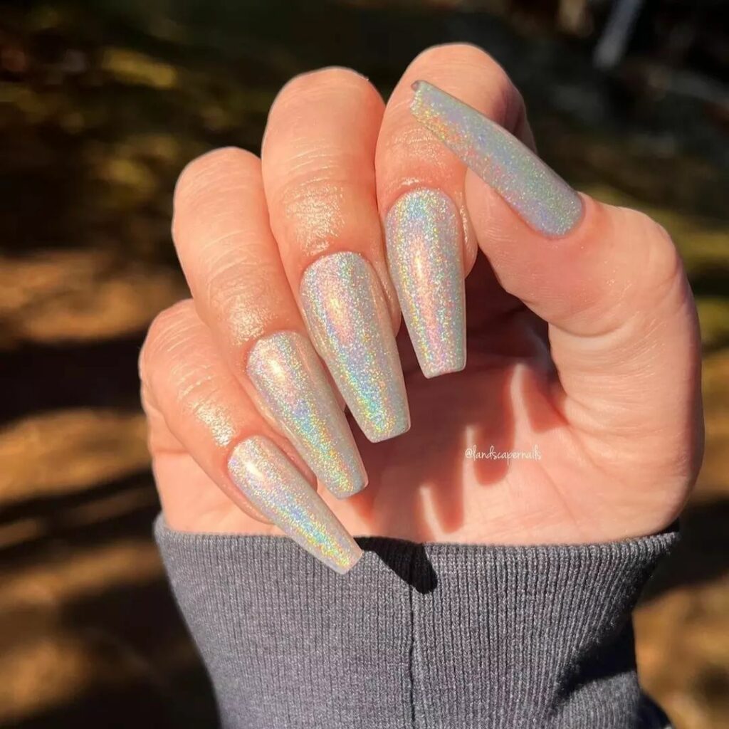 Shimmer with 30 Holographic Nail Designs in 2024 14 Silver Holographic Coffin Nail