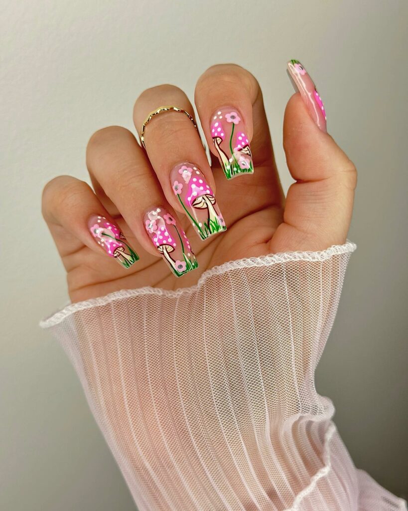 20 Latest Mushroom Nail Designs To Try In 2024! 12 Acrylic Nails With Pink Mushroom And Pink Flower Design