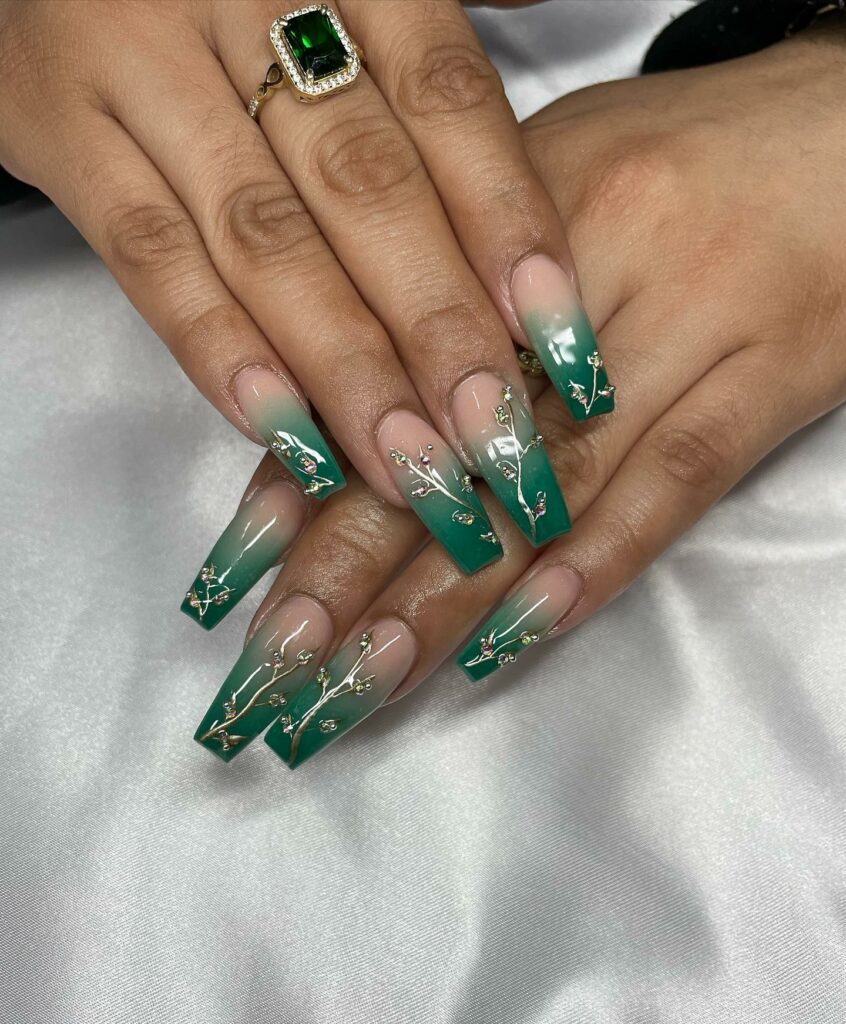 Refresh with 30 Green Ombre Nail Designs in 2024 26 Green Ombre Nails With Branches Design