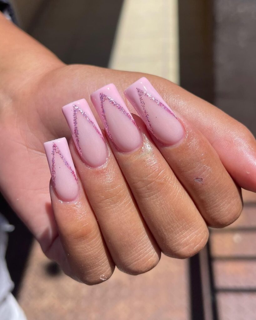 50 Latest V French Tip Coffin Nail Designs To Try In 2024! 33 Long Glossy V French Tip Nails with Glitter