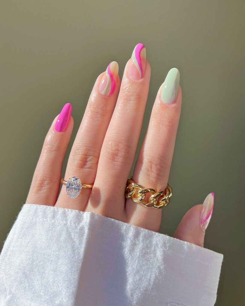 40 Latest Trendy Nail Ideas To Try In 2024! 17 Pink And Green Swirl Trendy Nails