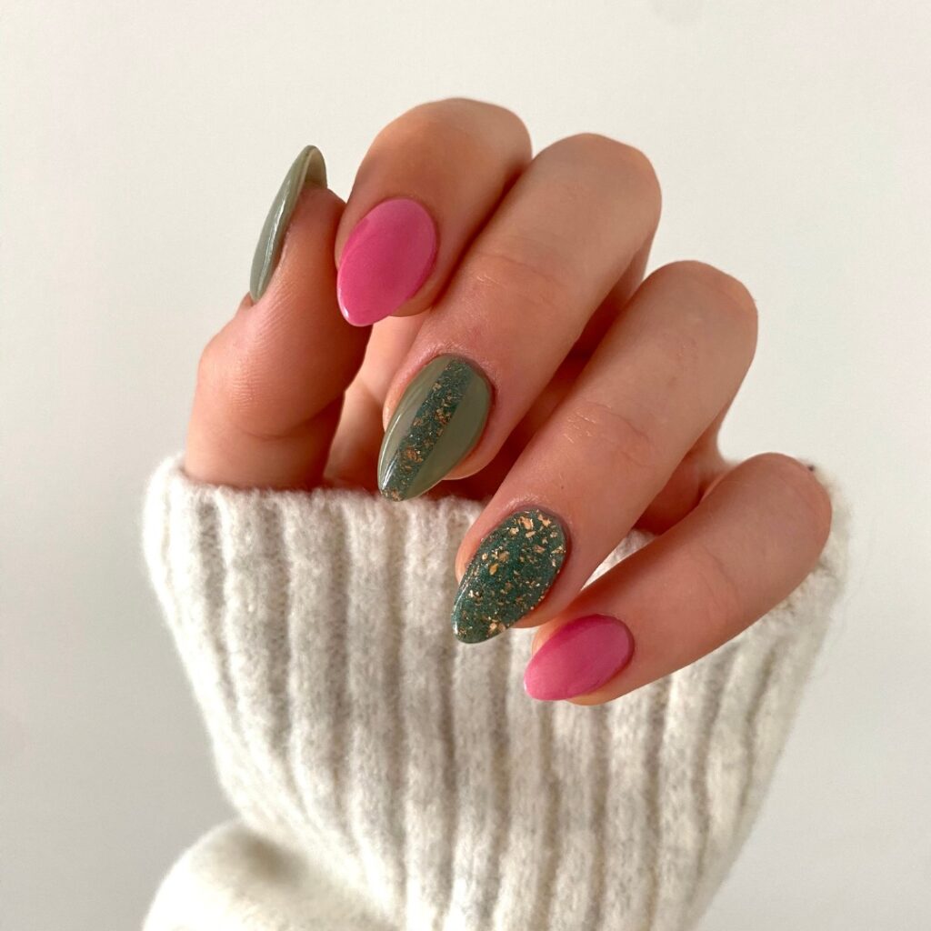 20 Latest Pink And Green Nail Ideas To Try In 2024! 23 Dark Green And Pink Nails With Gold Flakes