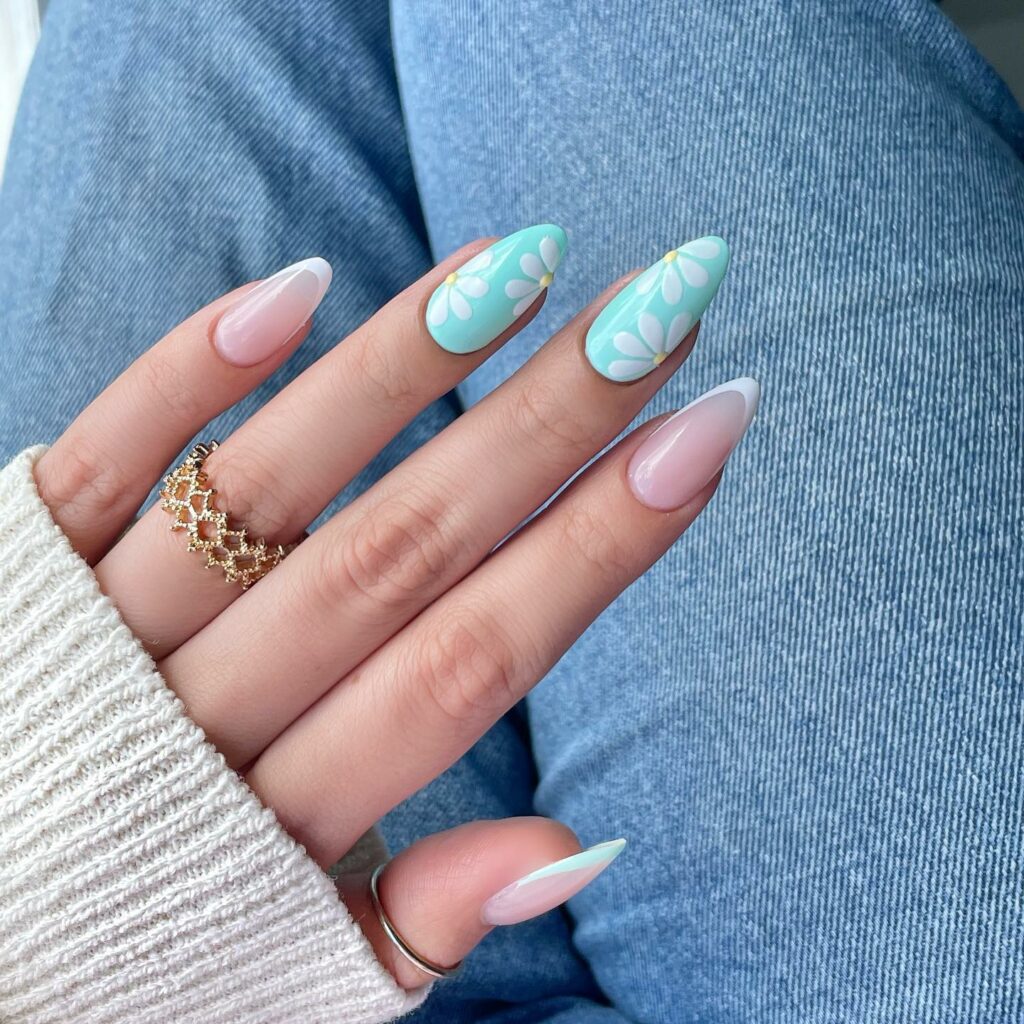 20 Latest Tiffany Blue Nail Ideas To Try In 2024! 10 Tiffany Blue French Nails With Daisy Flower