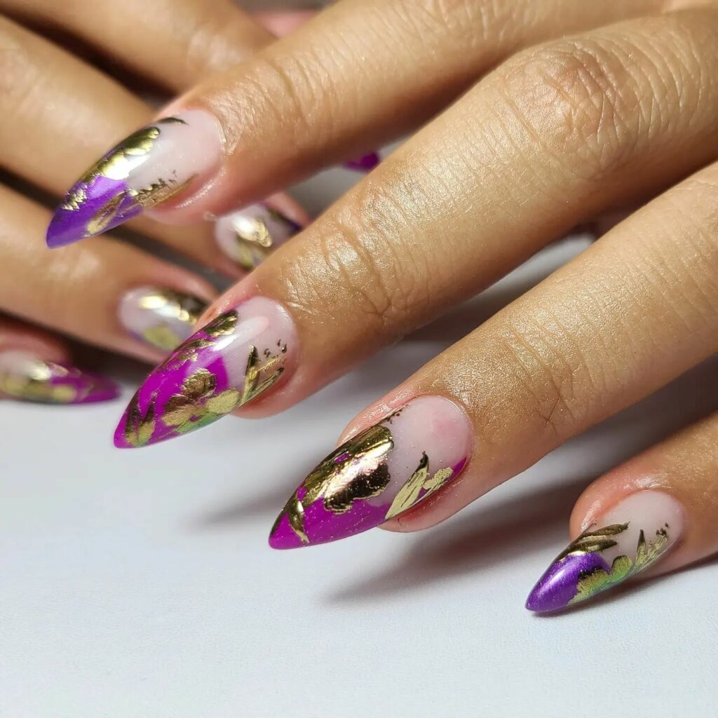 20 Latest Purple And Gold Nail Ideas To Try In 2024! 20 Purple And Gold Stiletto Nails