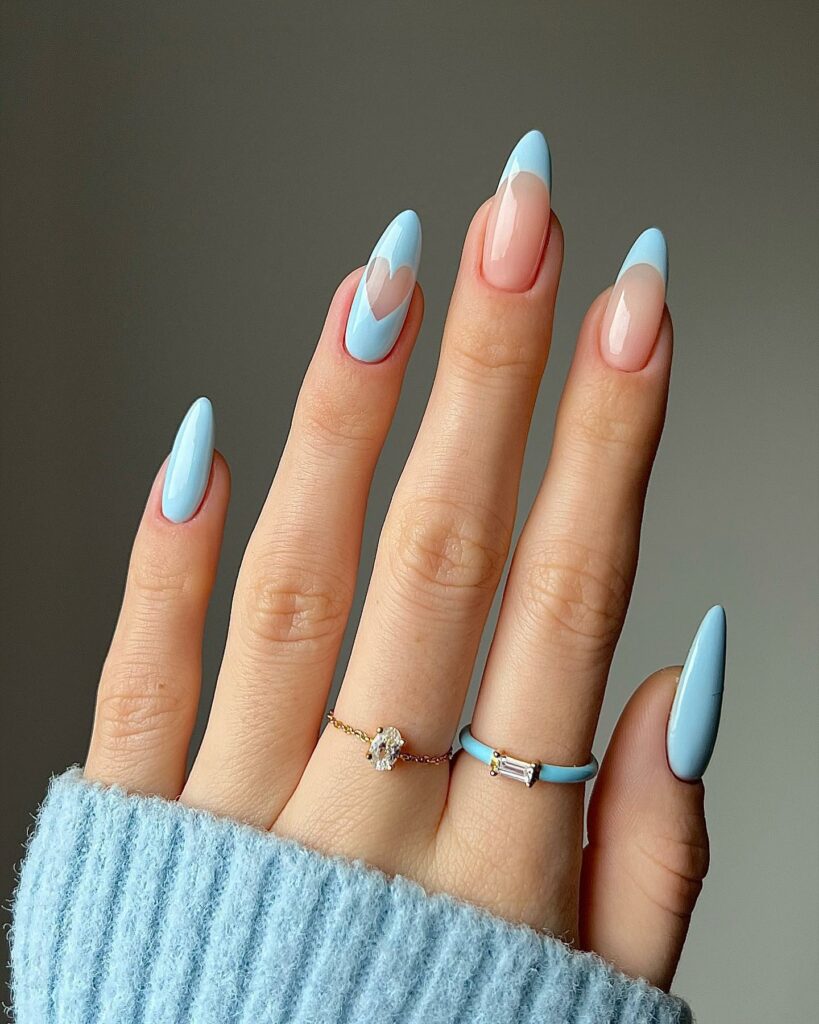 20 Latest Blue Almond Nails Ideas To Try In 2024! 27 Blue Almond French Nails With Heart Design