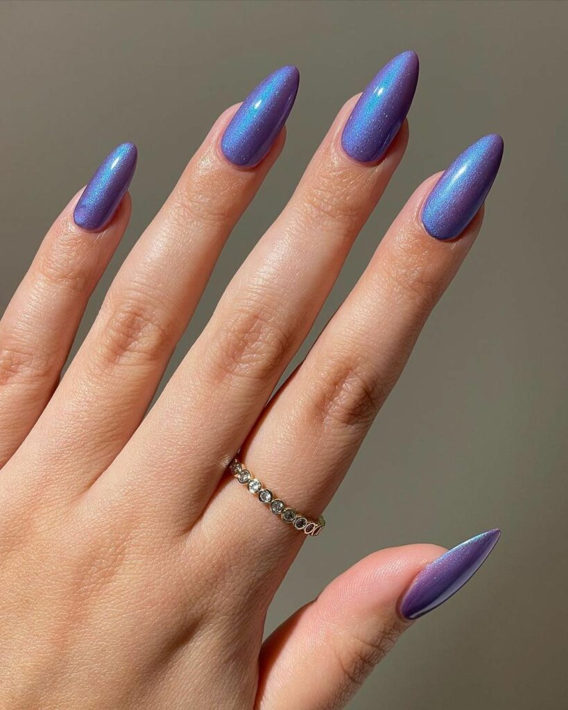 29 Latest Metallic Nail Designs To Try In 2024! 29 Metallic Purple Almond Nails