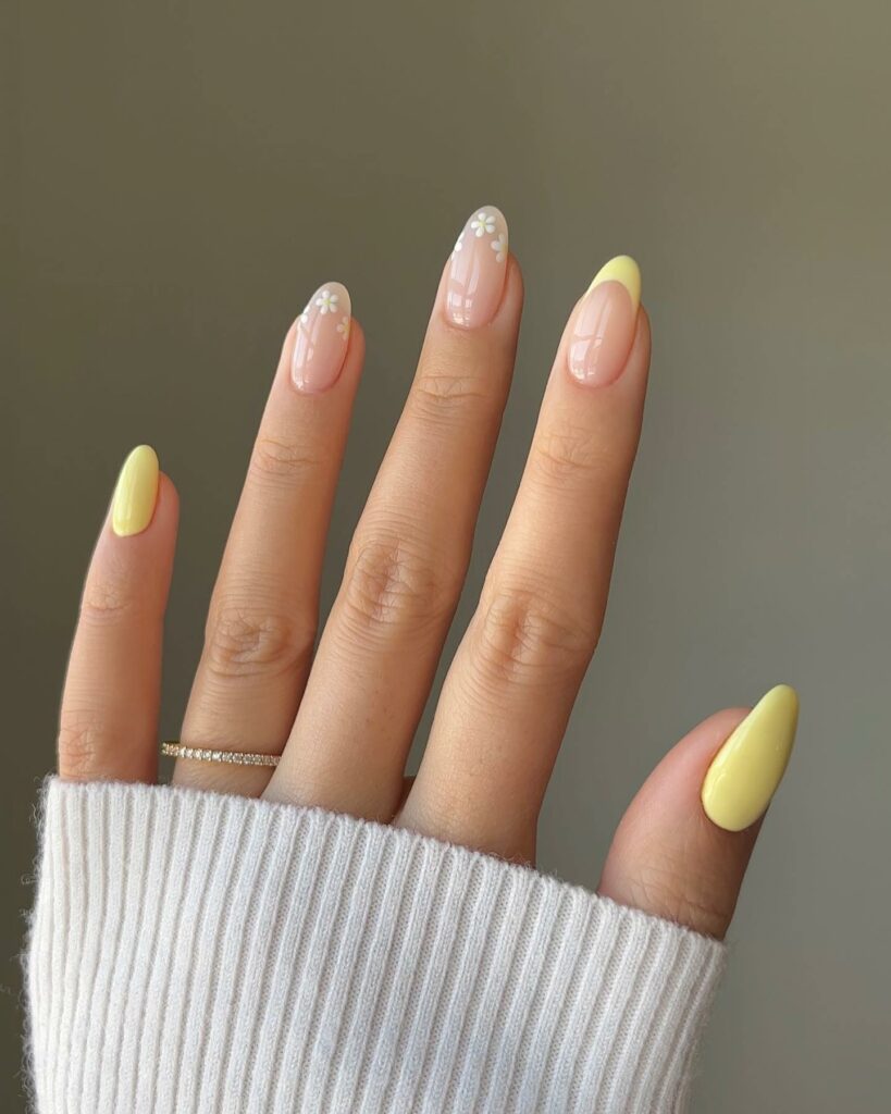21 Latest Yellow French Tip Nail Designs To Try in 2024! 11 Yellow French Nails With Daisies Design