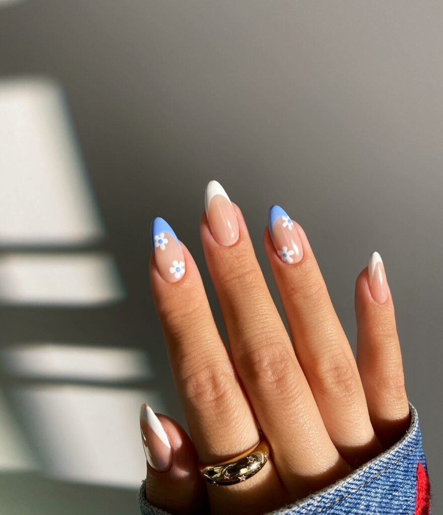 30 Latest Blue And White Nail Ideas To Try In 2024! 29 Blue And White French Nails With Daisies Design