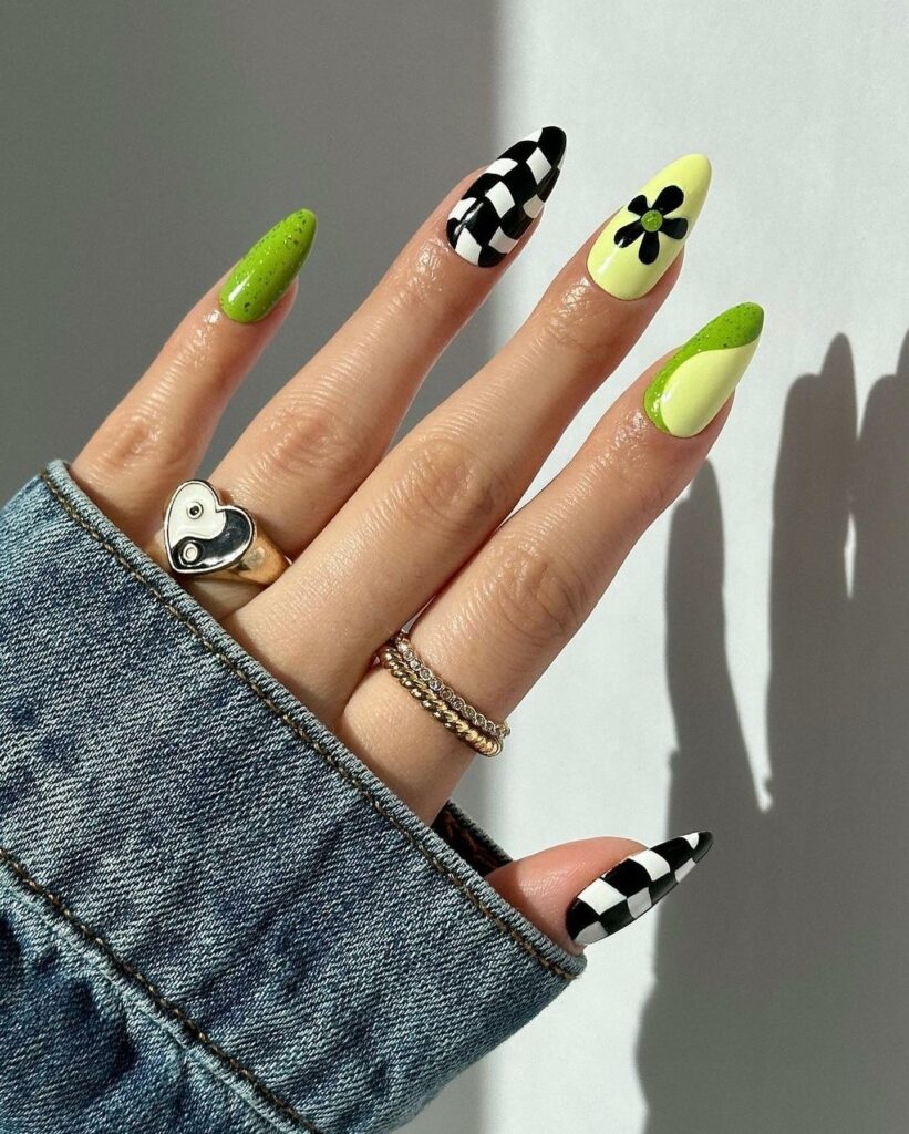 Get Edgy with 30 Green And Black Nail Designs in 2024 31 Light Green And Black Nails With Swirl, Checkered, And Flower Design