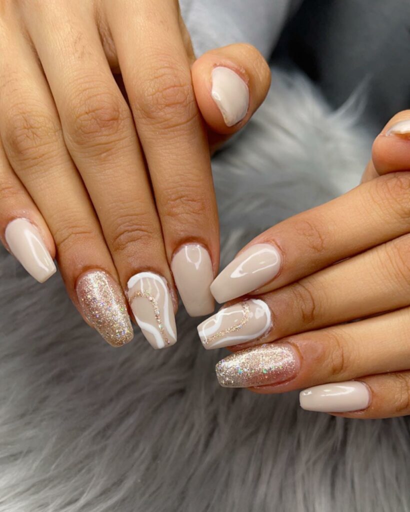 Find Your Style with 28 Beige Nail Designs of 2024 25 Square Nails With Beige And Glitter Polish