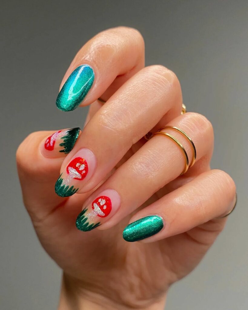 20 Latest Mushroom Nail Designs To Try In 2024! 11 Metallic Green Nails With Red Mushroom Design
