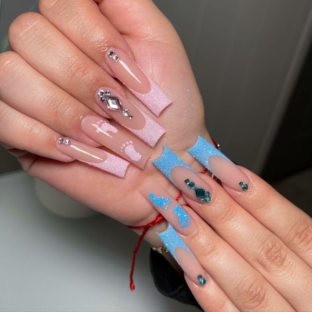 20 Latest Gender Reveal Nail Ideas To Try In 2024! 11 Gender Reveal French Nails With Rhinestones