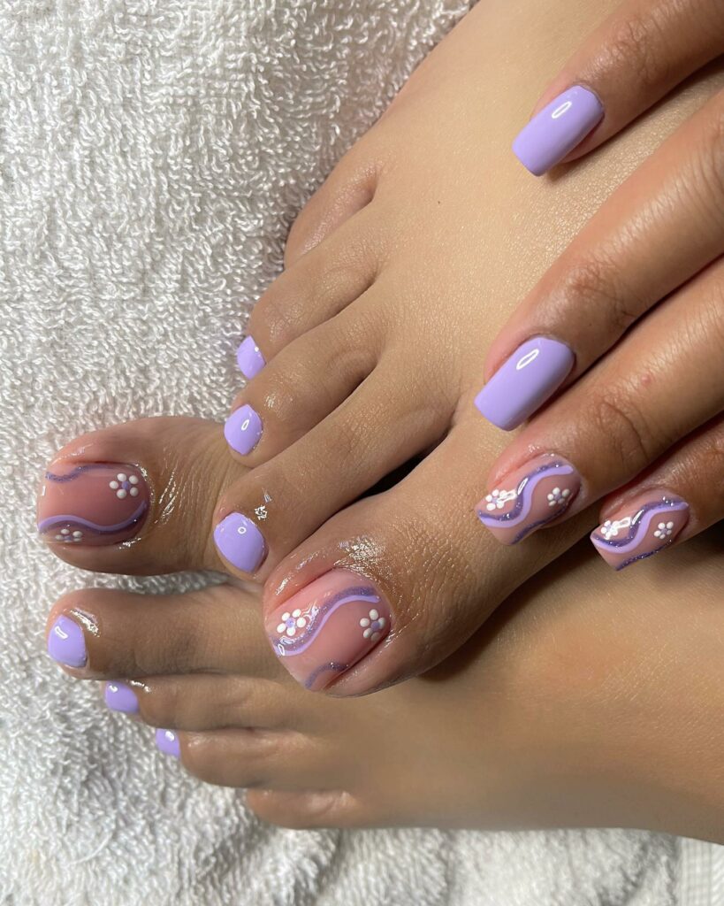 20 Latest Flower Pedicure Designs To Try In 2024! 28 Purple Pedicure With Flower And Swirls Design