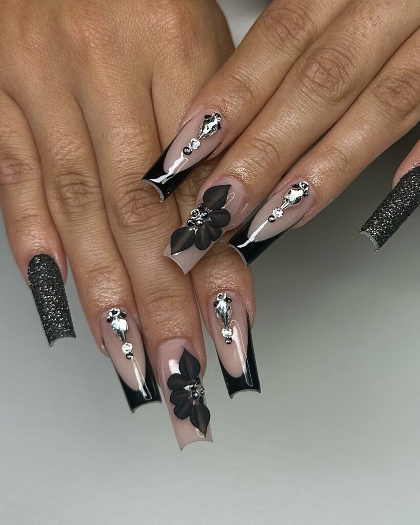 40 Latest Black Coffin Nail Designs To Try In 2024! 13 All About That Bling
