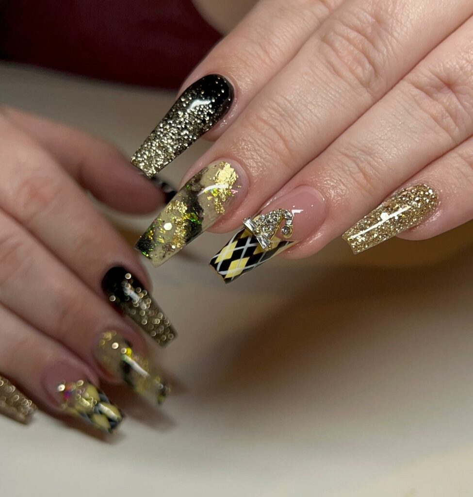 40 Latest Black Coffin Nail Designs To Try In 2024! 26 A Splash Of Gold