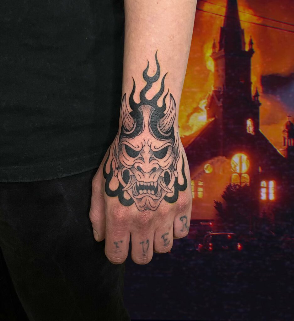 12+ BEST ONI MASK TATTOOS TO INSPIRE YOU - UPDATED 2024 21 Oni Mask Tattoo Hand Idea
