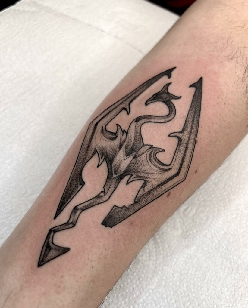 12+ Awesome Skyrim Tattoos To Inspire You in 2024 13 Traditional black and gray Skyrim ink