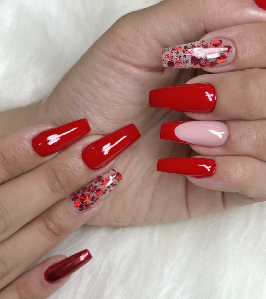 Go Bold with 40 Red Coffin Nail Designs in 2024 21 Red Coffin Nails With Red Glitters