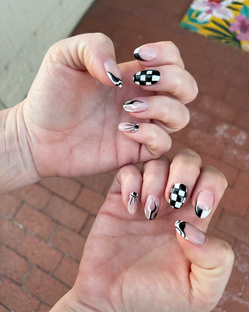 20 Latest Checkered Nail Designs To Try In 2024! 20 Black And White Checkered Nails With Swirls And Evil Eye Design