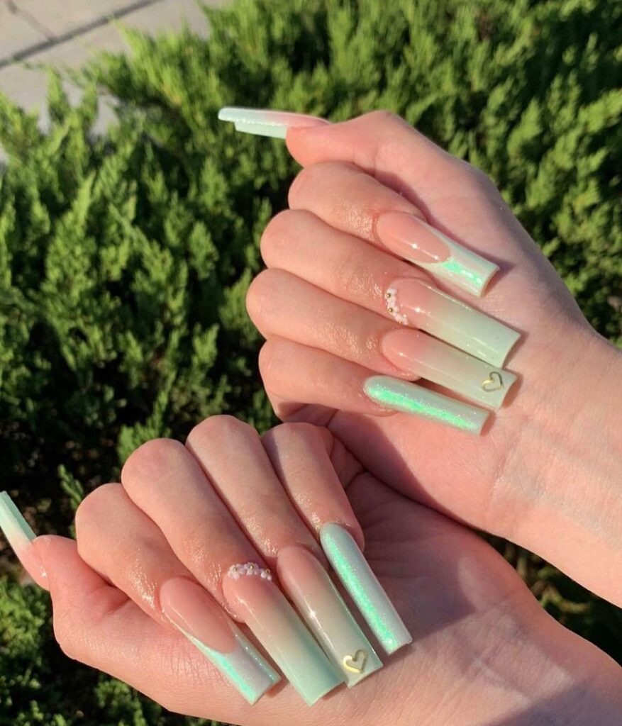 Refresh with 30 Green Ombre Nail Designs in 2024 37 Long Green Ombre Nails With Heart Design