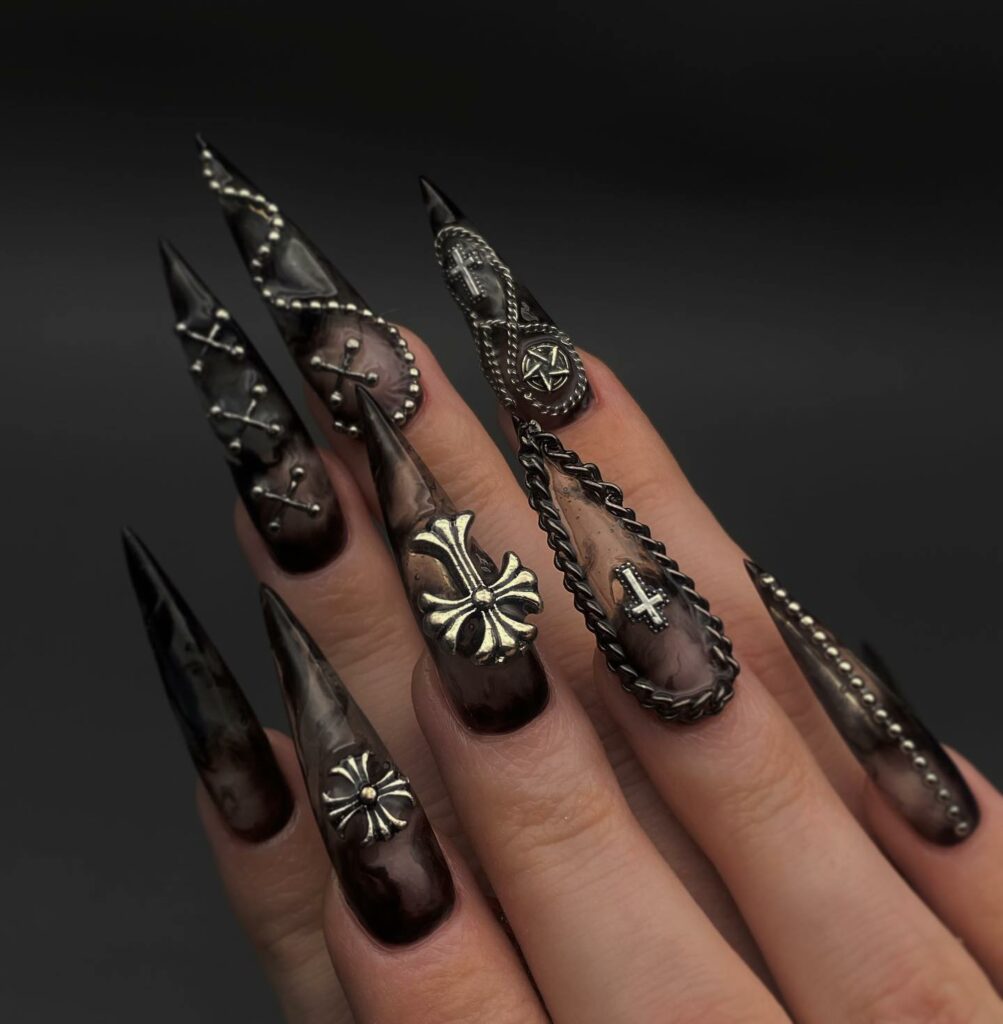 25 Latest Gothic Nail Ideas To Try In 2024! 11 Gothic Stiletto Nails With Cross-Design