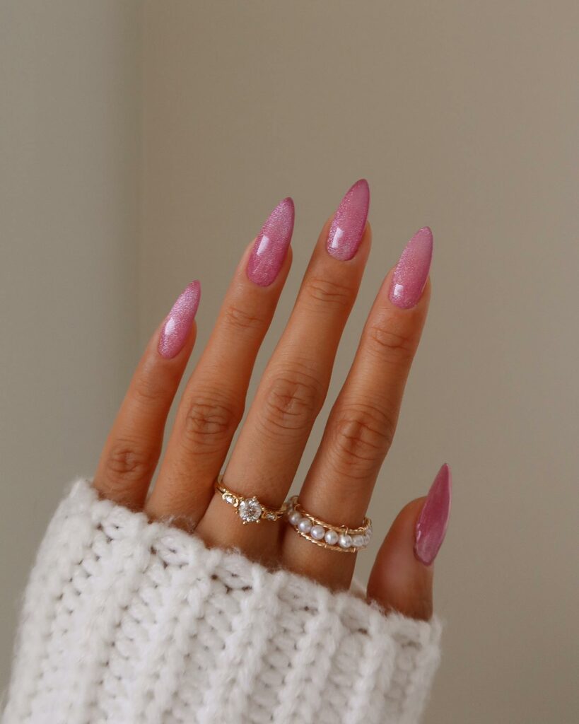 Shine with 30 Light Pink Chrome Nail Designs of 2024 47 Pink With Shimmer and Glitter